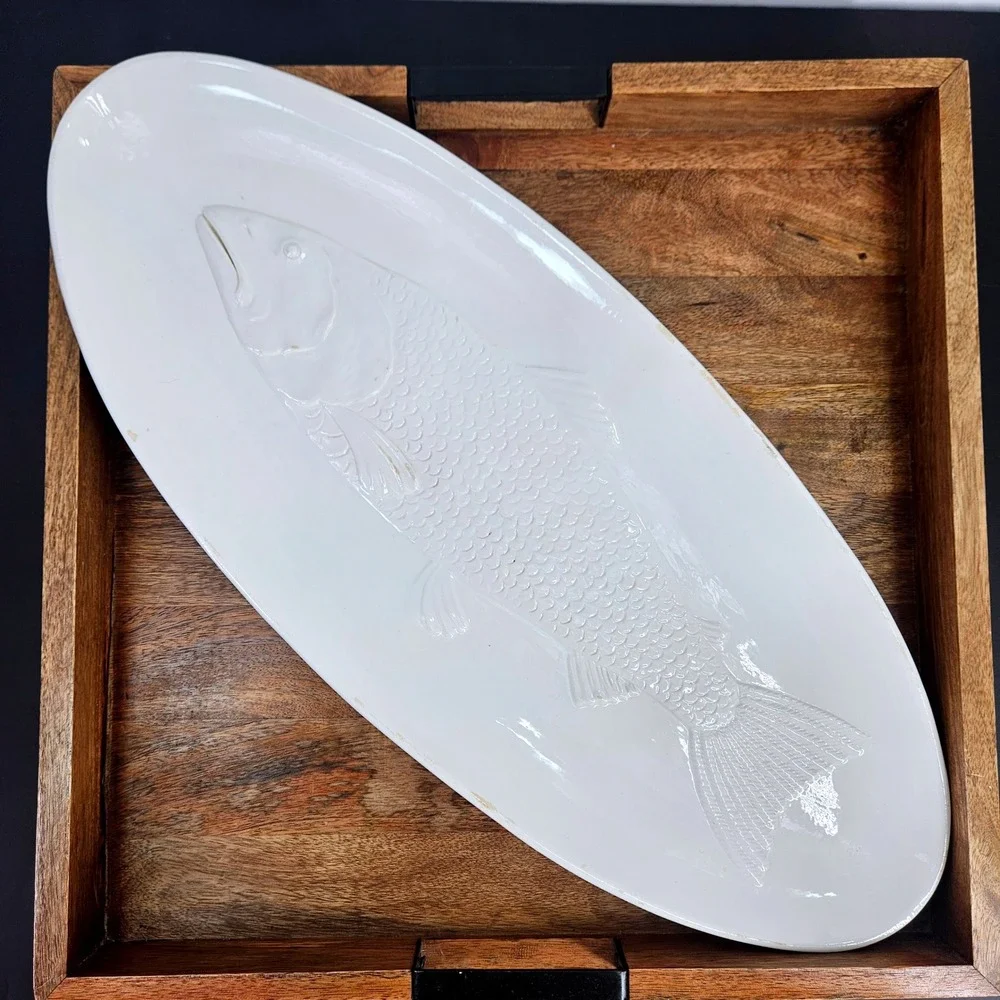Vintage Lg White Ceramic Fish Platter Oval Serving Tray Decor Made in Italy 17in
